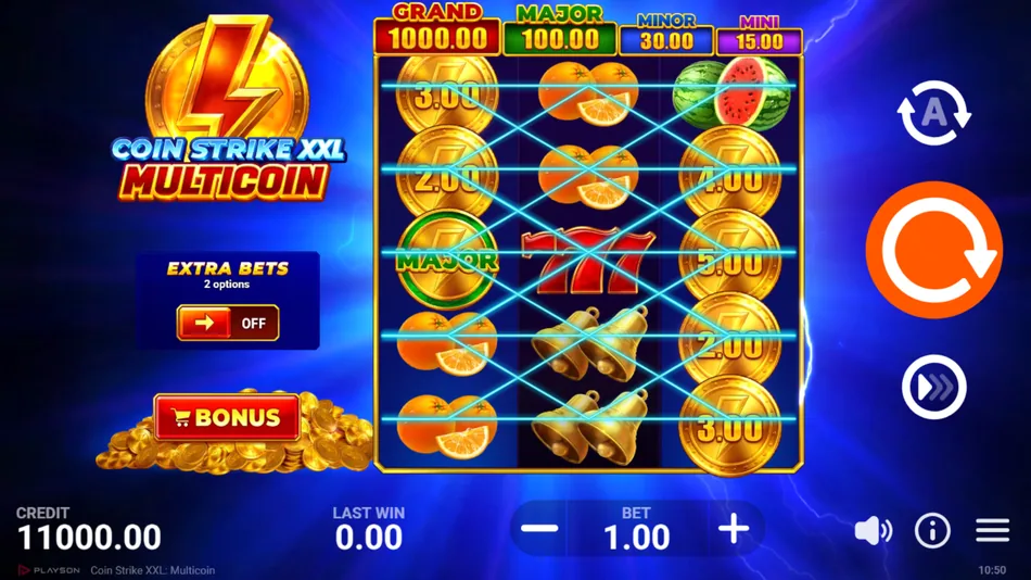 Coin Strike XXL: Multicoin base game grid with Coin and Bell symbols